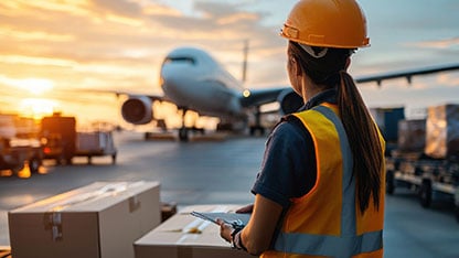 Airport technician looking at parked passenger plane